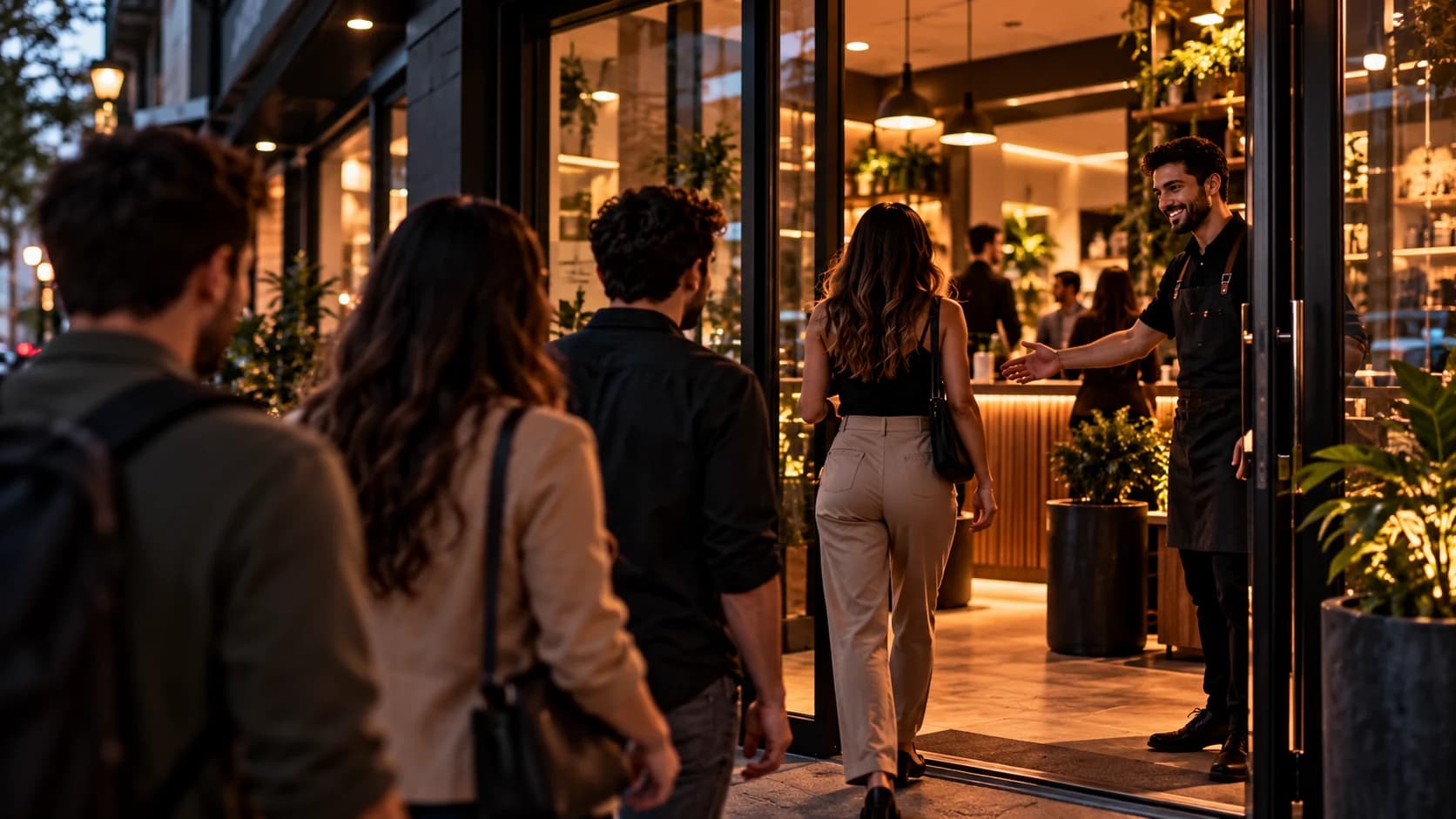 Potenciais clientes entrando em um estabelecimento comercial e sendo recepcionados por profissional