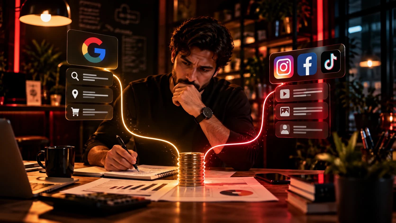 Representação conceitual de decisão de investimento publicitário comparando busca online e redes sociais