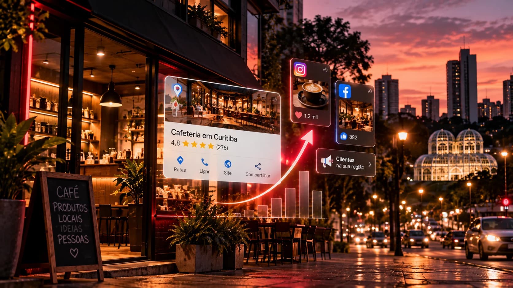 Pequeno negócio local integrado ao cenário urbano de Curitiba com elementos de presença digital