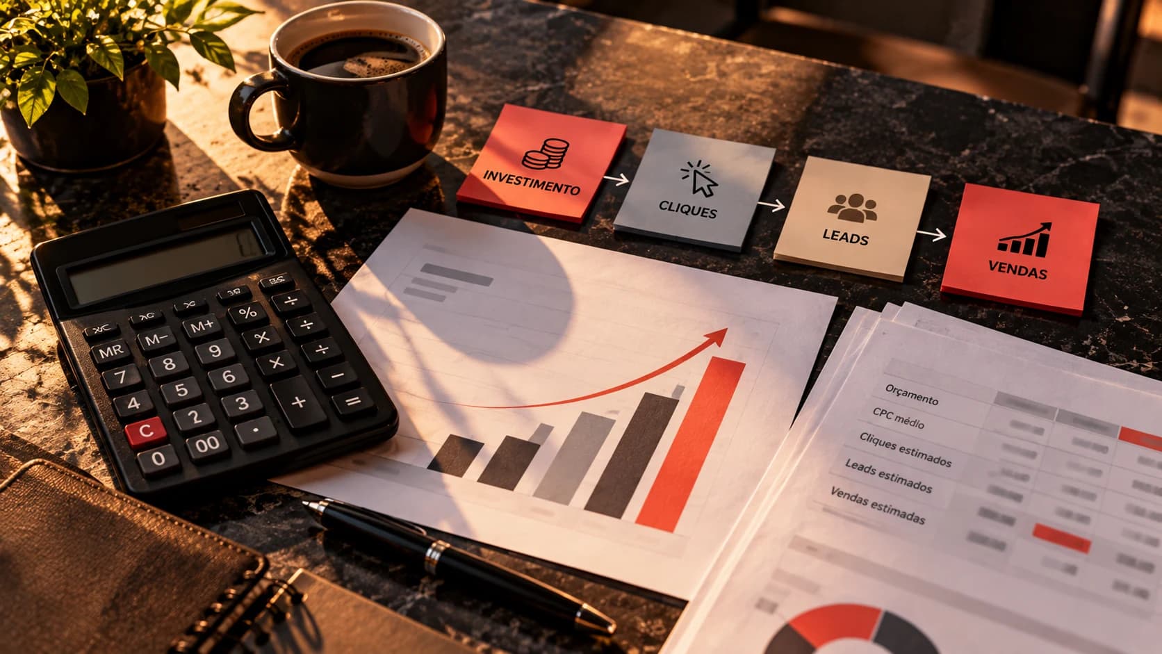 Mesa de trabalho vista de cima com calculadora, relatórios e representação visual de funil de investimento em publicidade