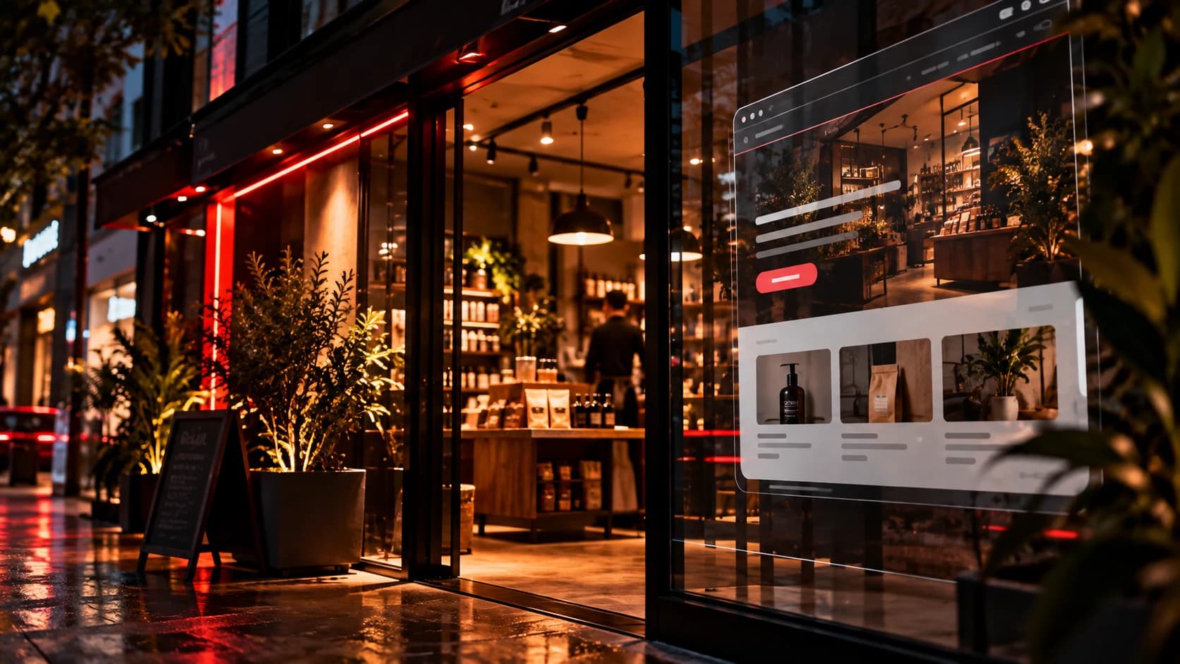 Fachada iluminada de loja física à noite com projeção conceitual de website integrada à vitrine