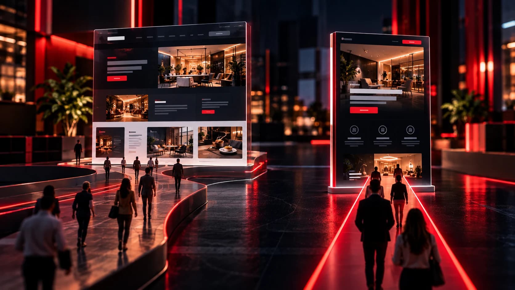 Representação conceitual comparativa entre a estrutura ampla de um website e o layout focado de uma landing page