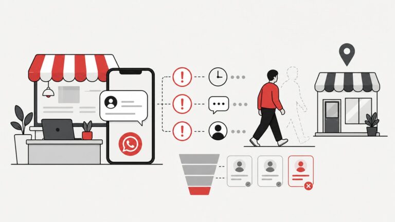 Ilustração flat de um cliente potencial se afastando após falhas no primeiro atendimento de um negócio local