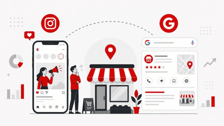 Ilustração flat comparando Instagram e Google para pequeno negócio local