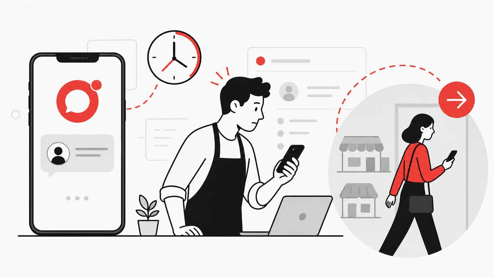 Ilustração flat de uma mensagem de cliente sem resposta rápida enquanto o cliente procura outra opção