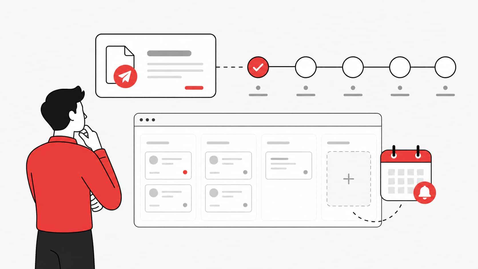 Ilustração flat de um funil de vendas com poucos pontos de contato e lembrete de follow-up após orçamento