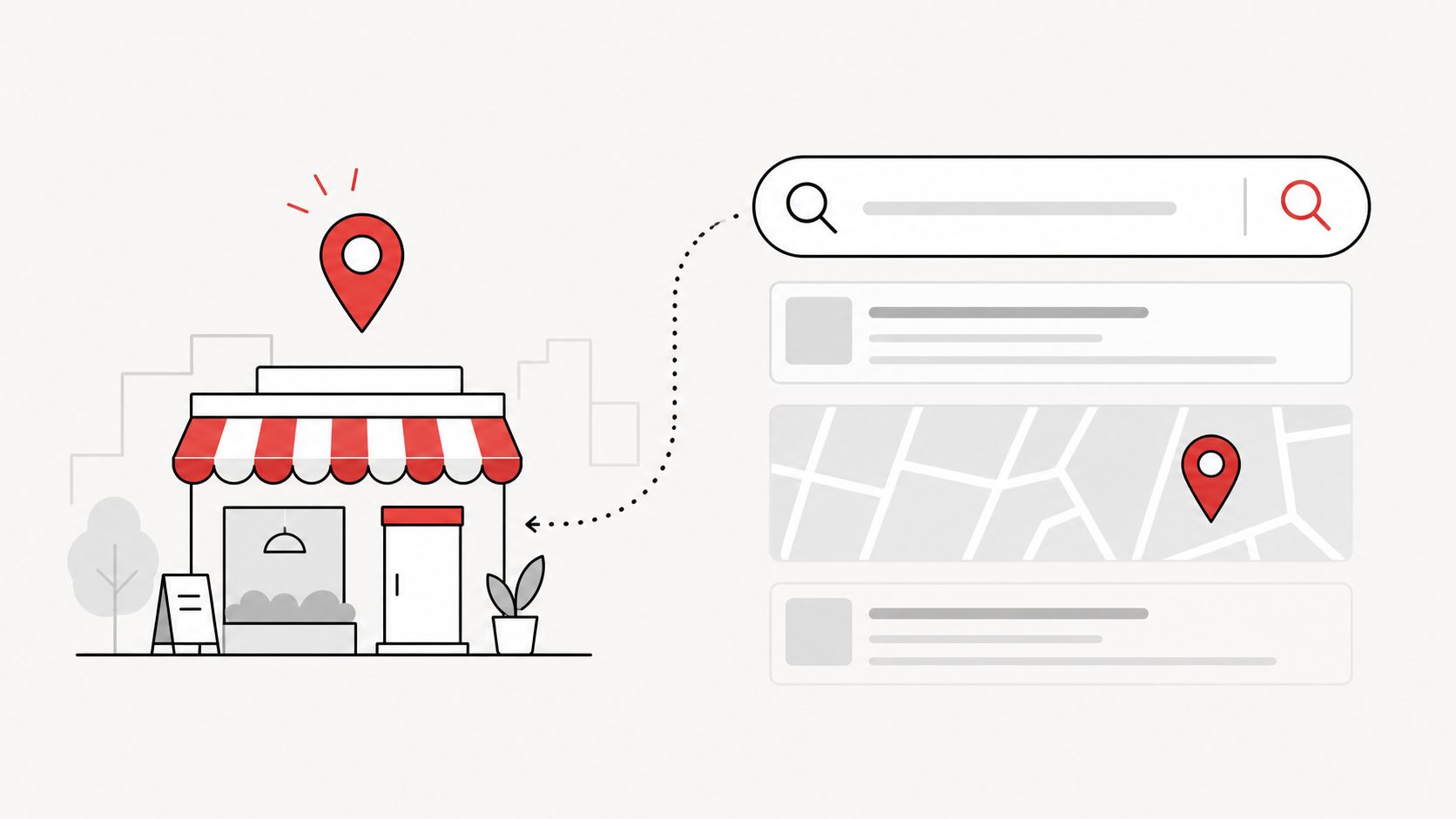 Ilustração flat de uma loja local conectada a uma busca no Google com mapa e pin de localização