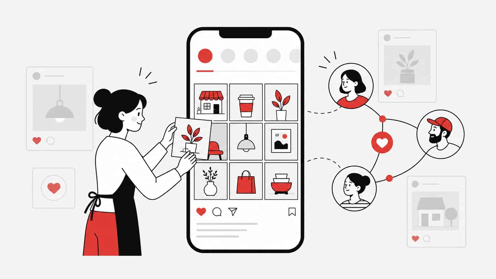 Ilustração flat de um perfil no Instagram sendo usado para criar relacionamento e confiança com clientes locais