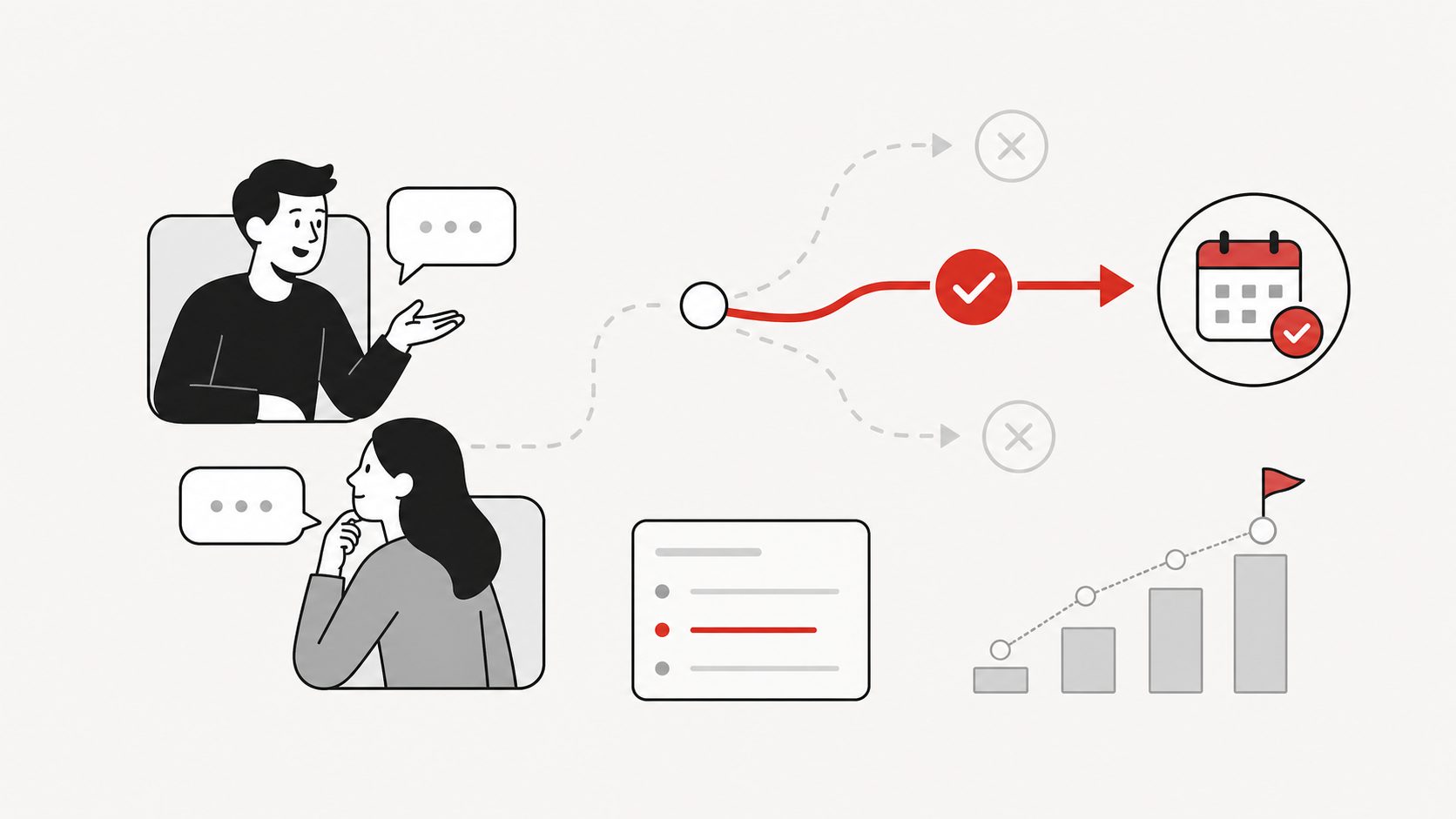 Ilustração flat de uma conversa com cliente seguindo para um próximo passo claro e agendado