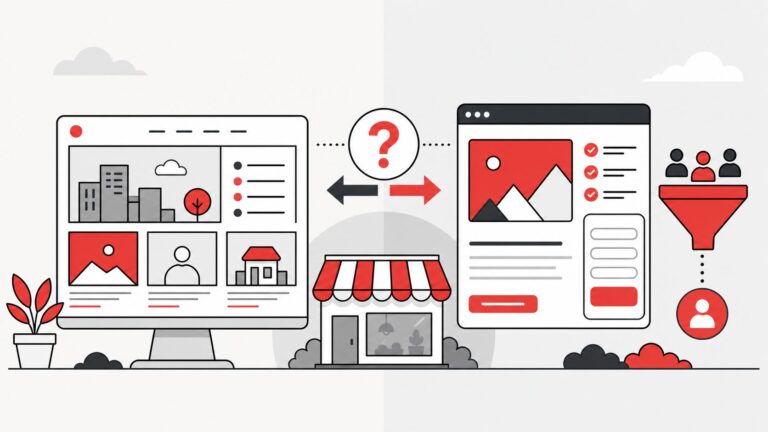 Ilustração flat comparando site completo e landing page para negócio local