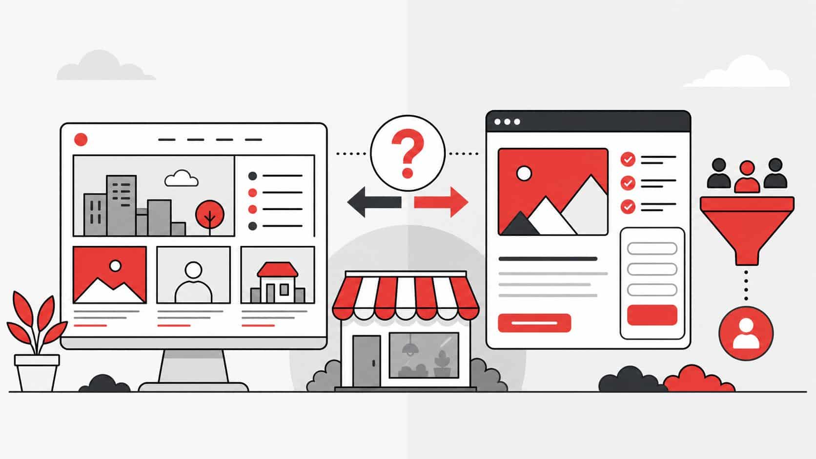 Ilustração flat comparando site completo e landing page para negócio local