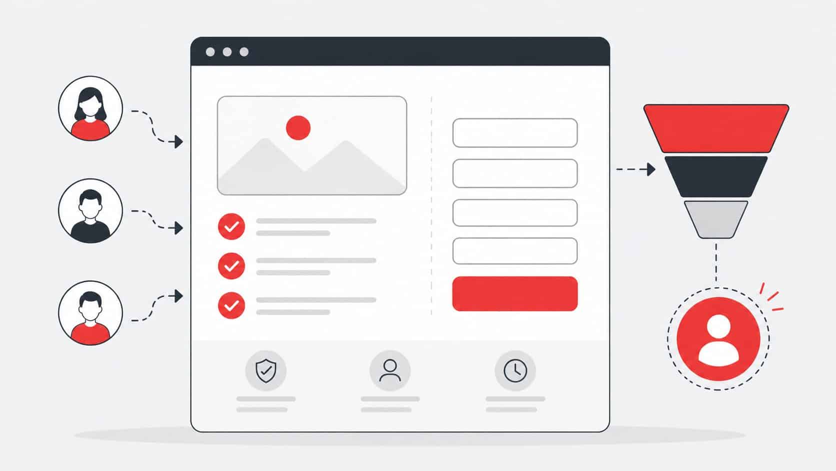 Ilustração flat mostrando funil de conversão de uma landing page