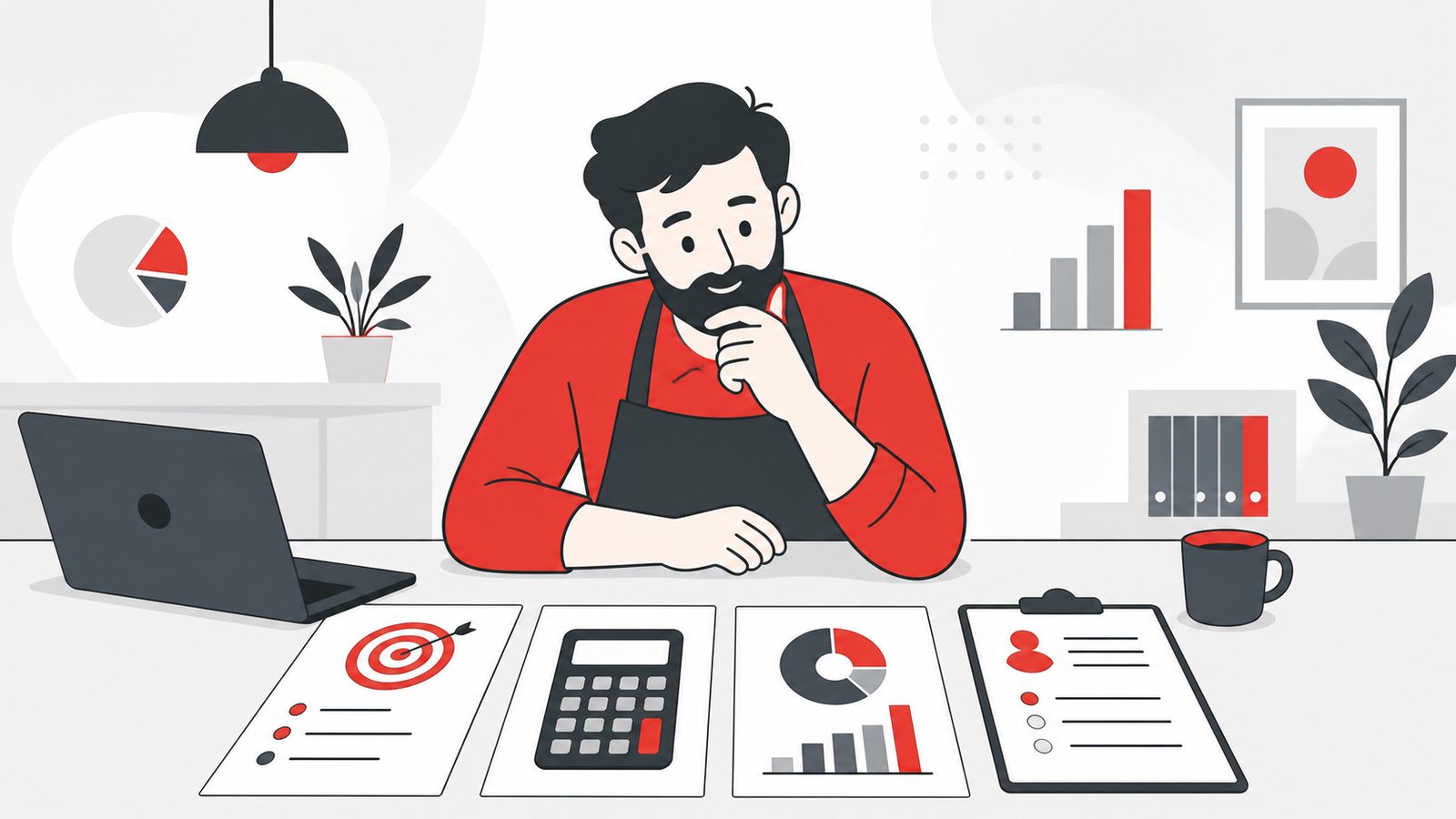 Empreendedor analisa metas, orçamento e indicadores de marketing