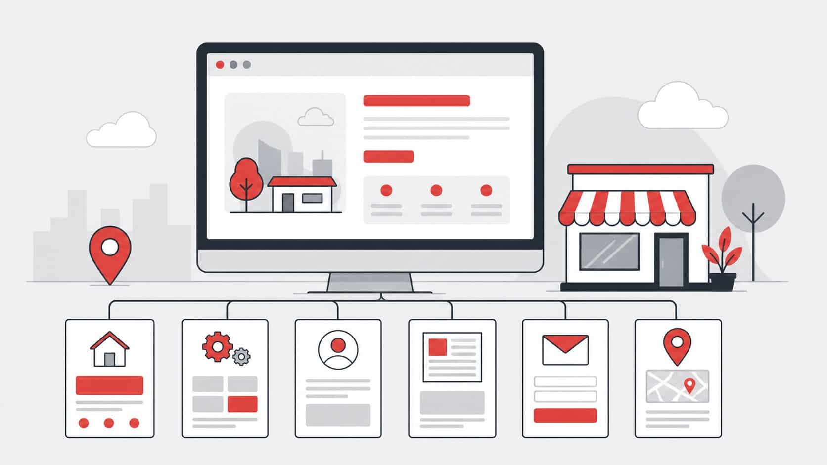 Ilustração flat de site completo organizado para negócio local
